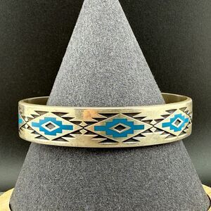 Vintage Kabana KBN Sterling Silver Blue Inlay Cuff Bracelet Southwestern 6"